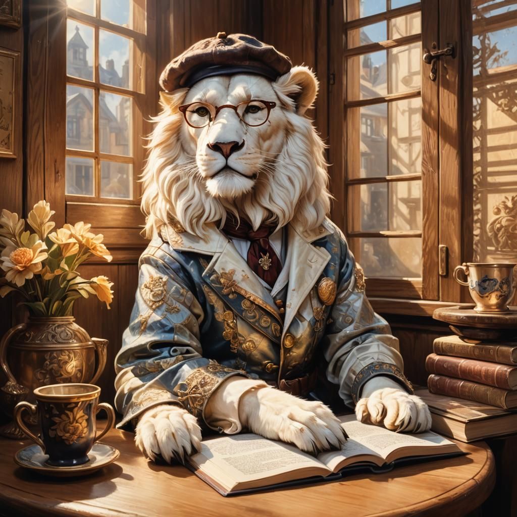 White Lion Coffee Break in Oil Painting Style