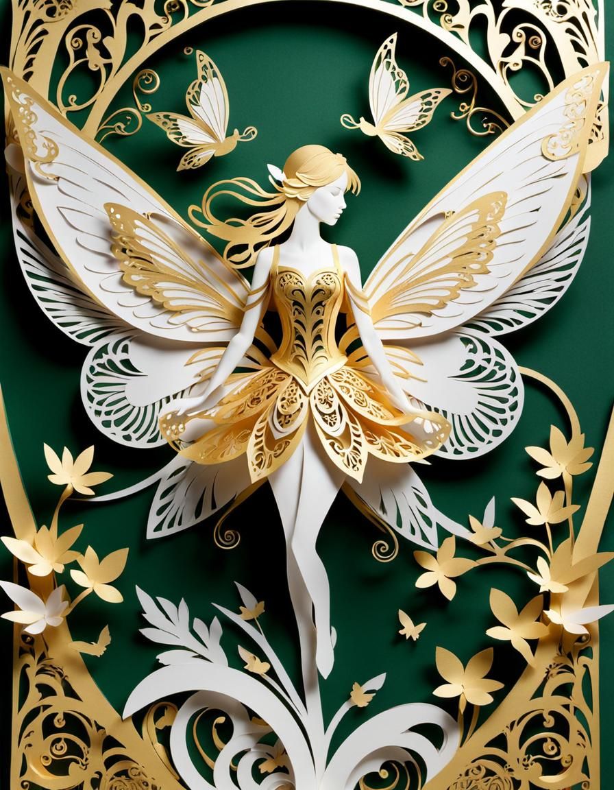 Ornate Kirigami Fairy with Golden Wings