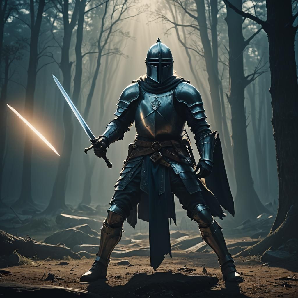 Knight with Luminous Sword in Cinematic Style