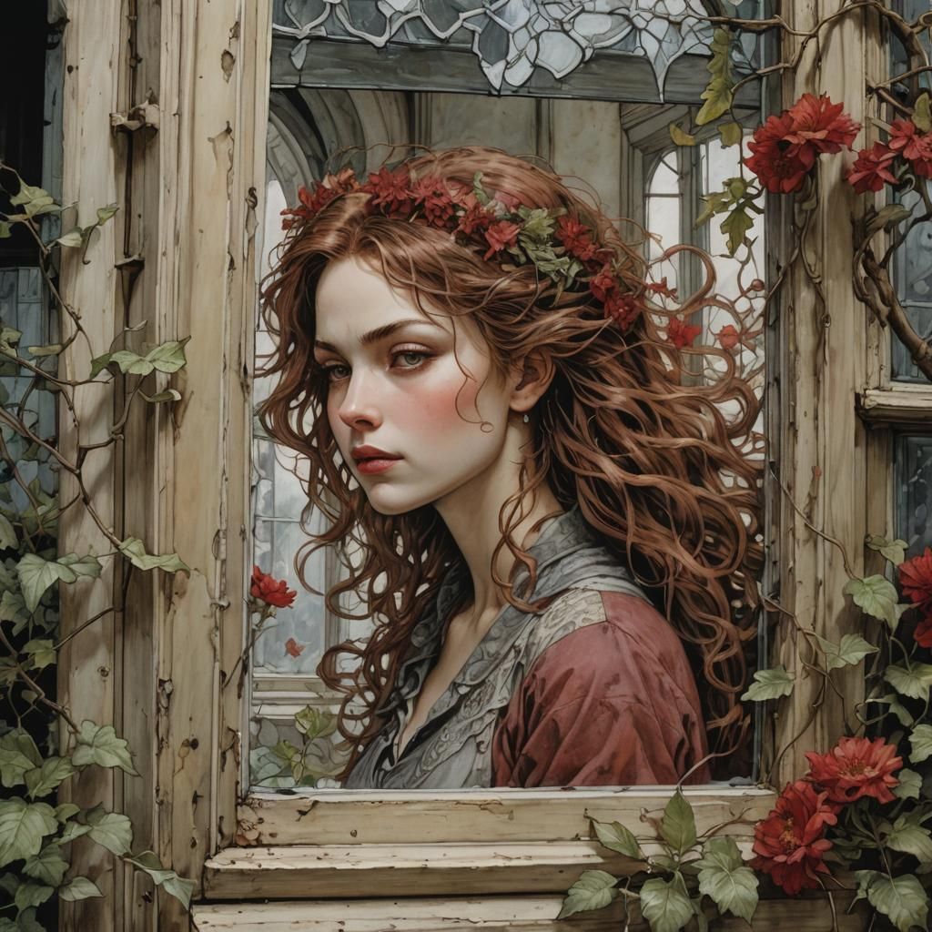 Woman Behind Window with Flowers, Rough Paint Style