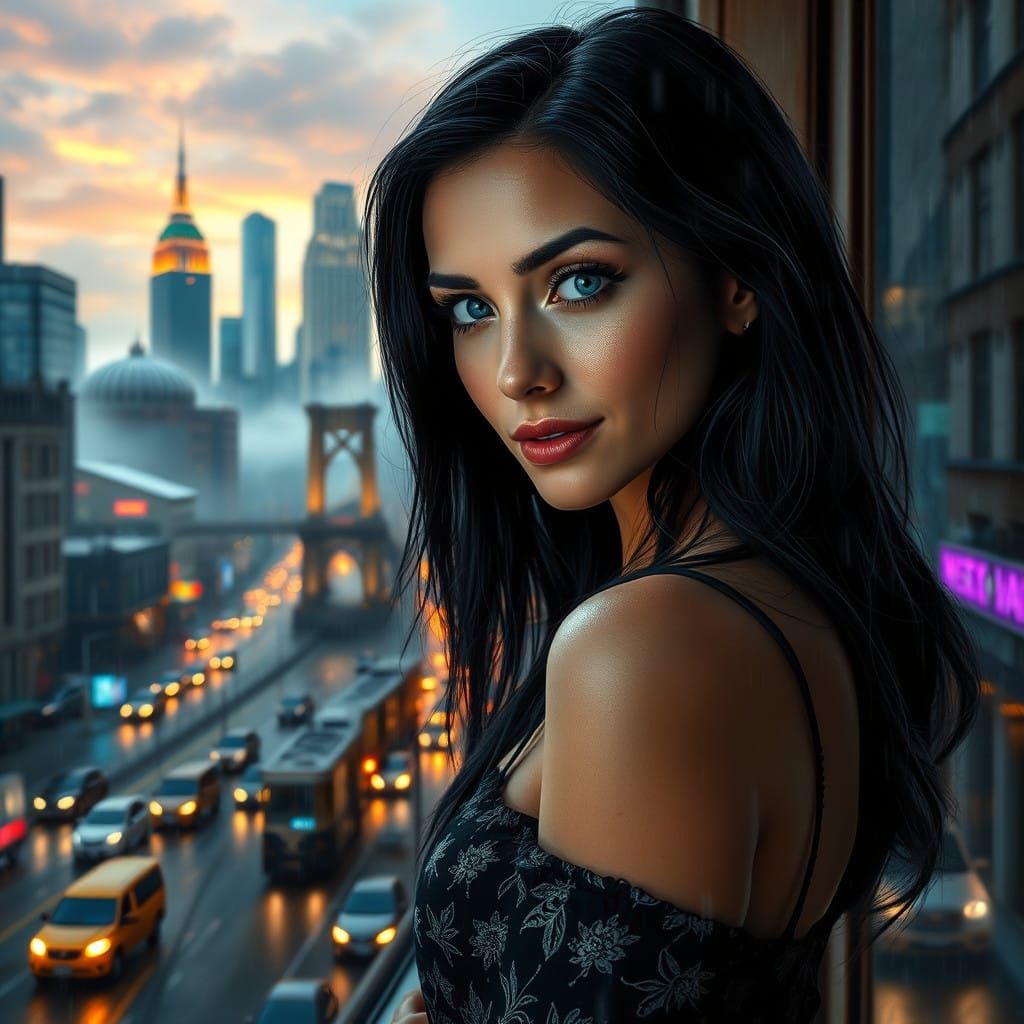Ethereal Woman Contemplates Urban Life in Vibrant Realism