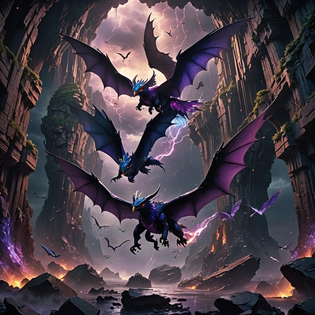 Noivern Soars Through Stormy Cavern: Digital Matte Painting