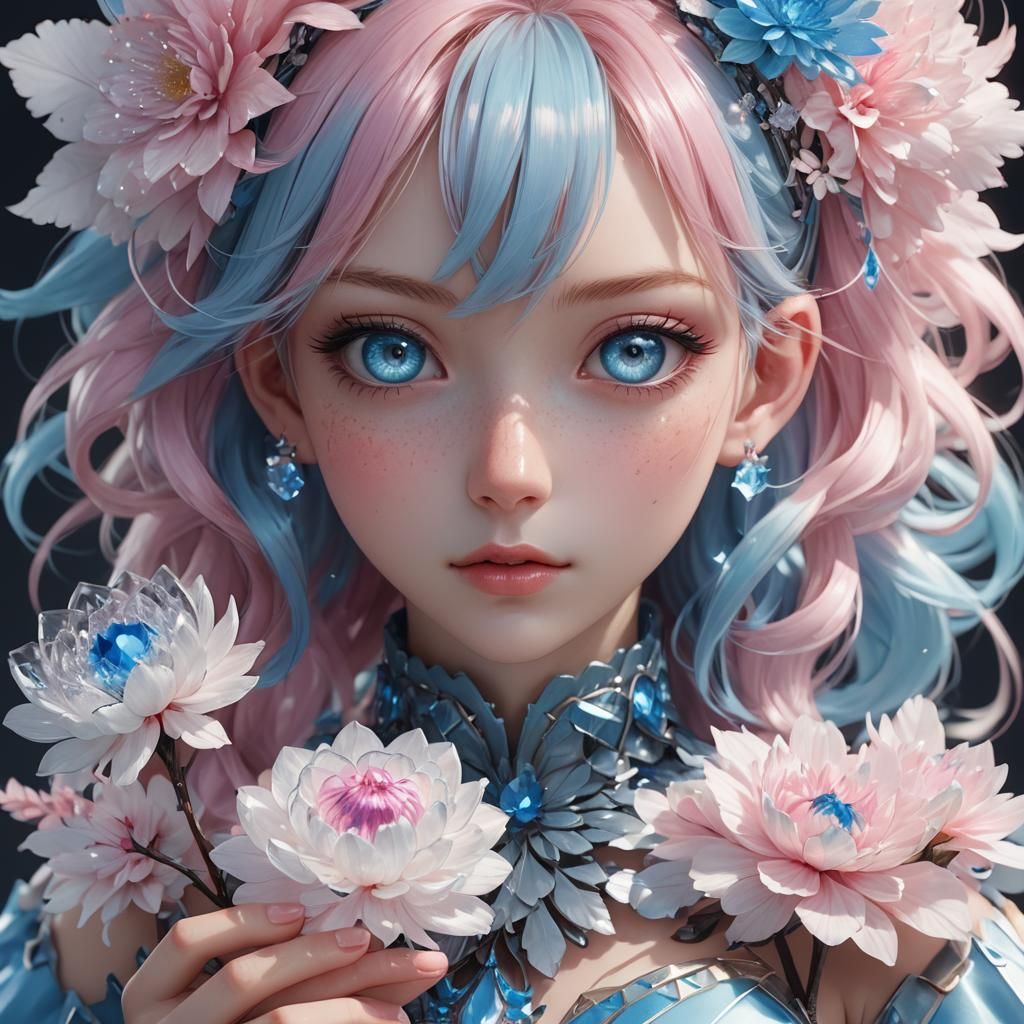 Anime Girl Holding Crystal Flower in 3D Style