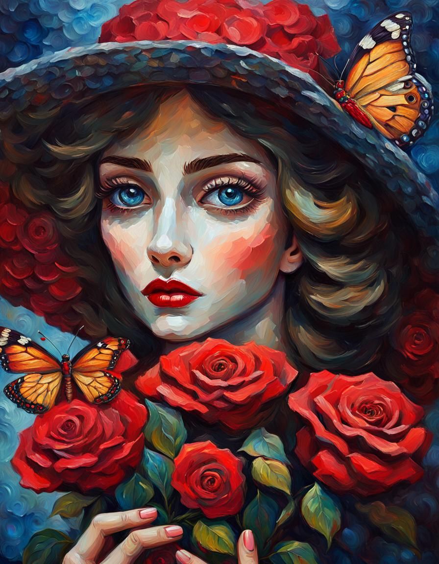 Woman with Butterfly in Impasto Oil Painting