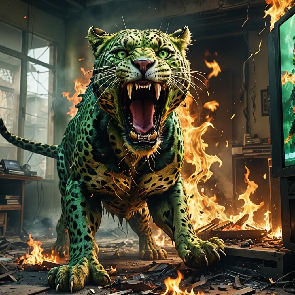 Flaming Zombie Leopard Emerges From TV
