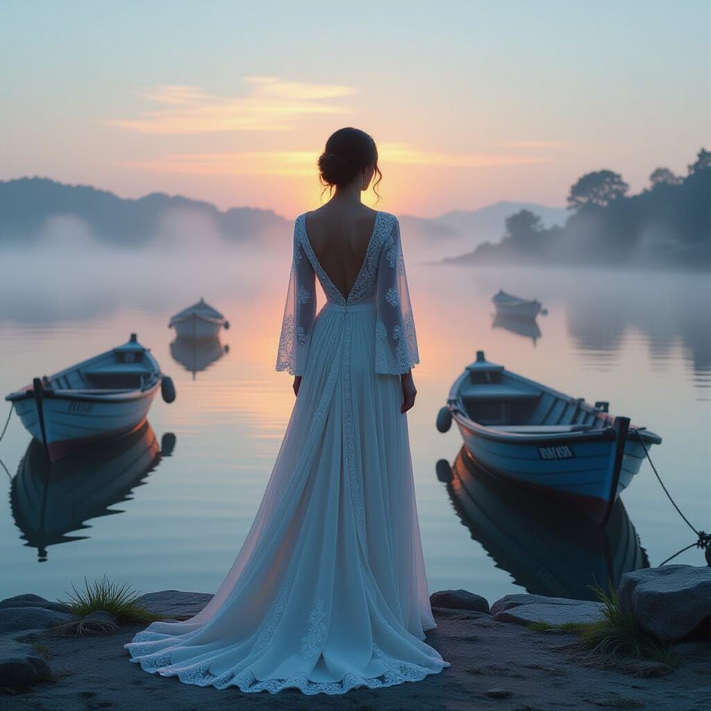 Ethereal Dawn: Woman in Flowing Dress at Harbour