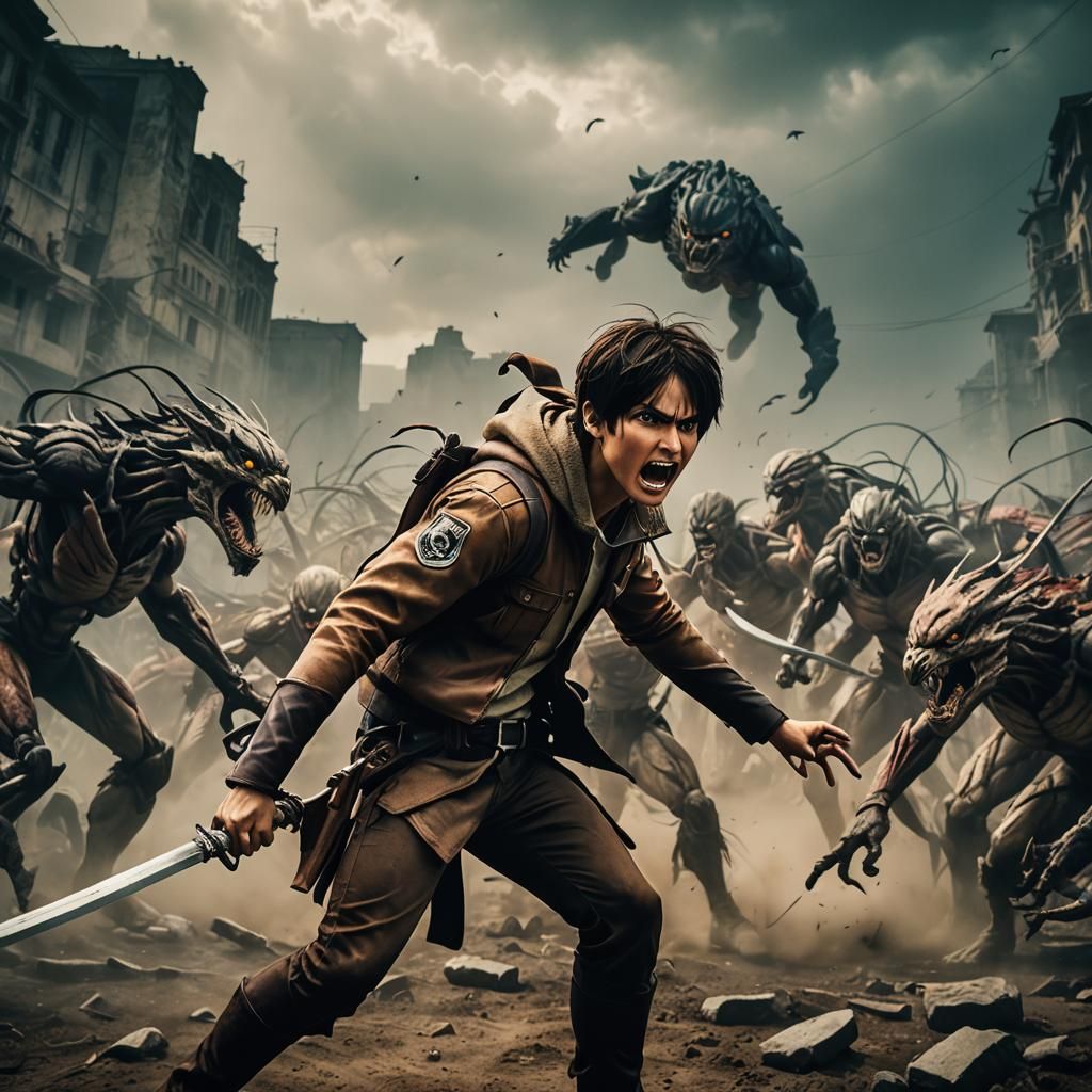 Eren Yeager's Epic Battle Against Titans: Cinematic Still