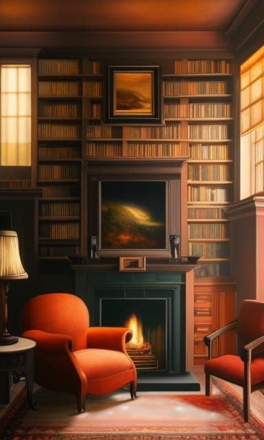 Cozy Interior Scene with Fireplace as Oil Painting