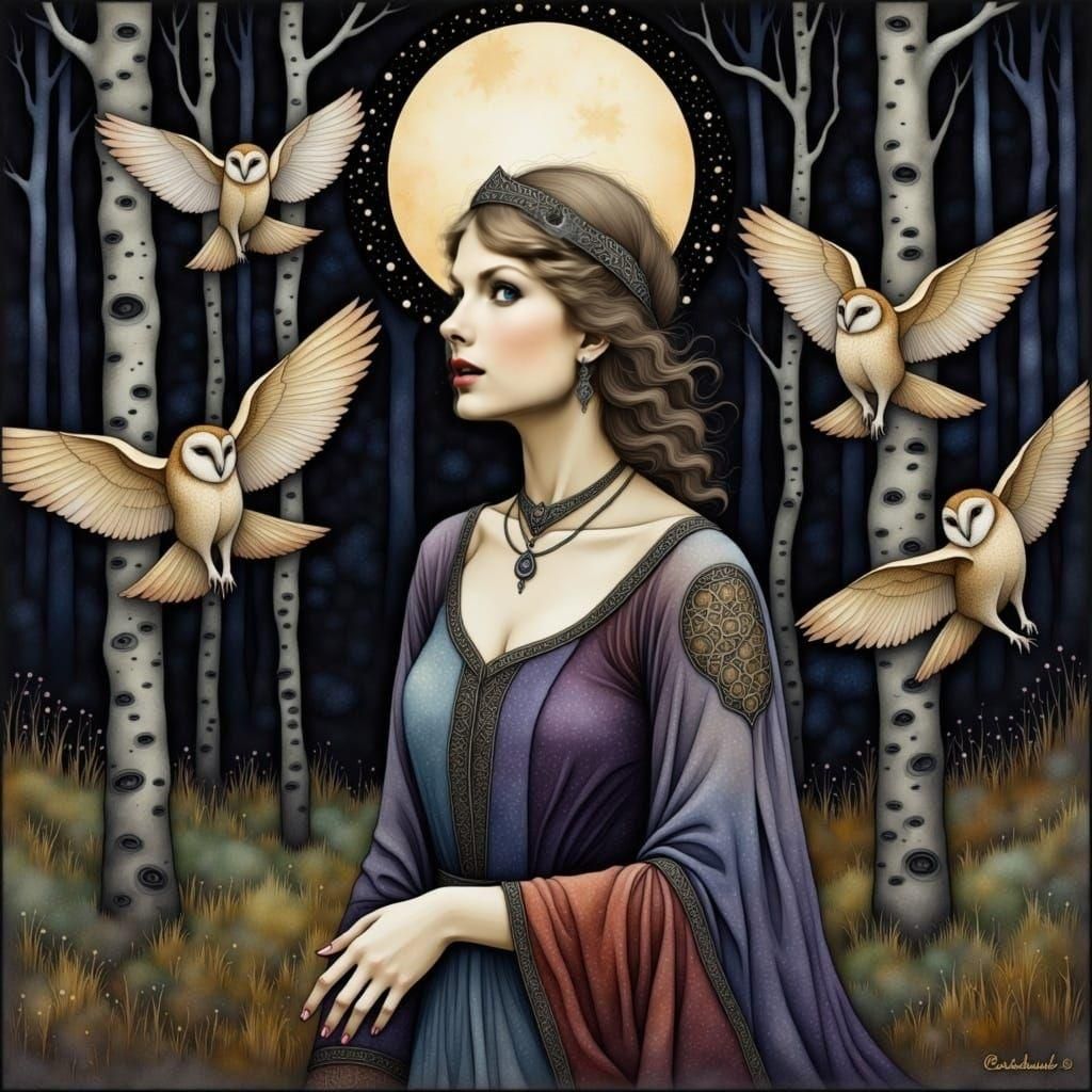 Taylor Swift in Medieval Forest, Alphonse Mucha Style