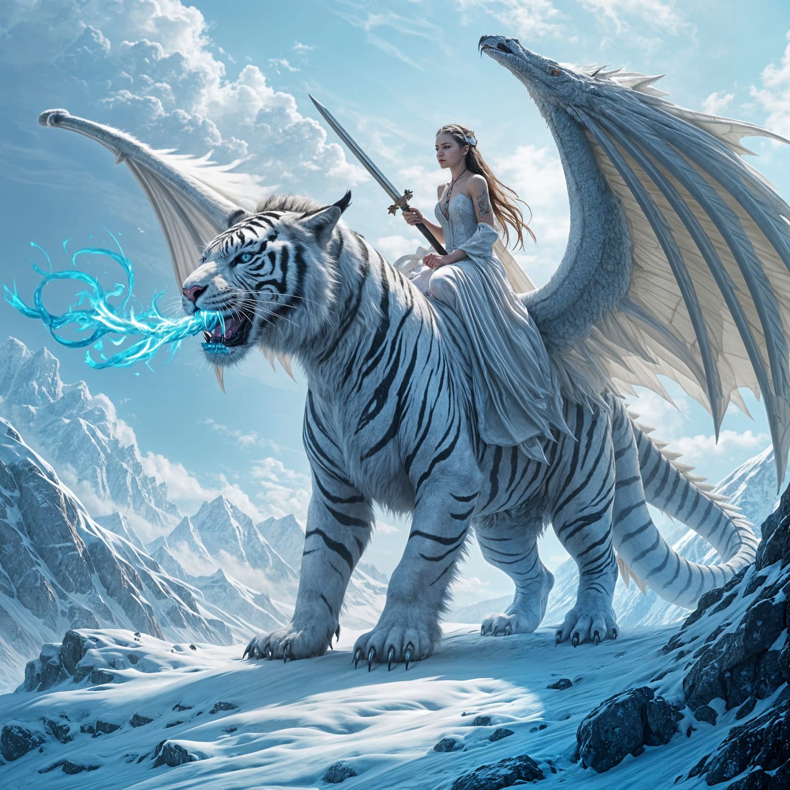 Mythical White Tiger Dragon Soars through Icy Skies with Cel...