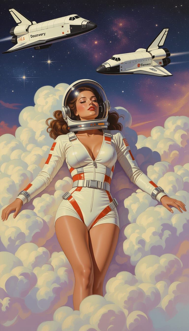 Woman in Spacesuit against Galactic Utopia Backdrop