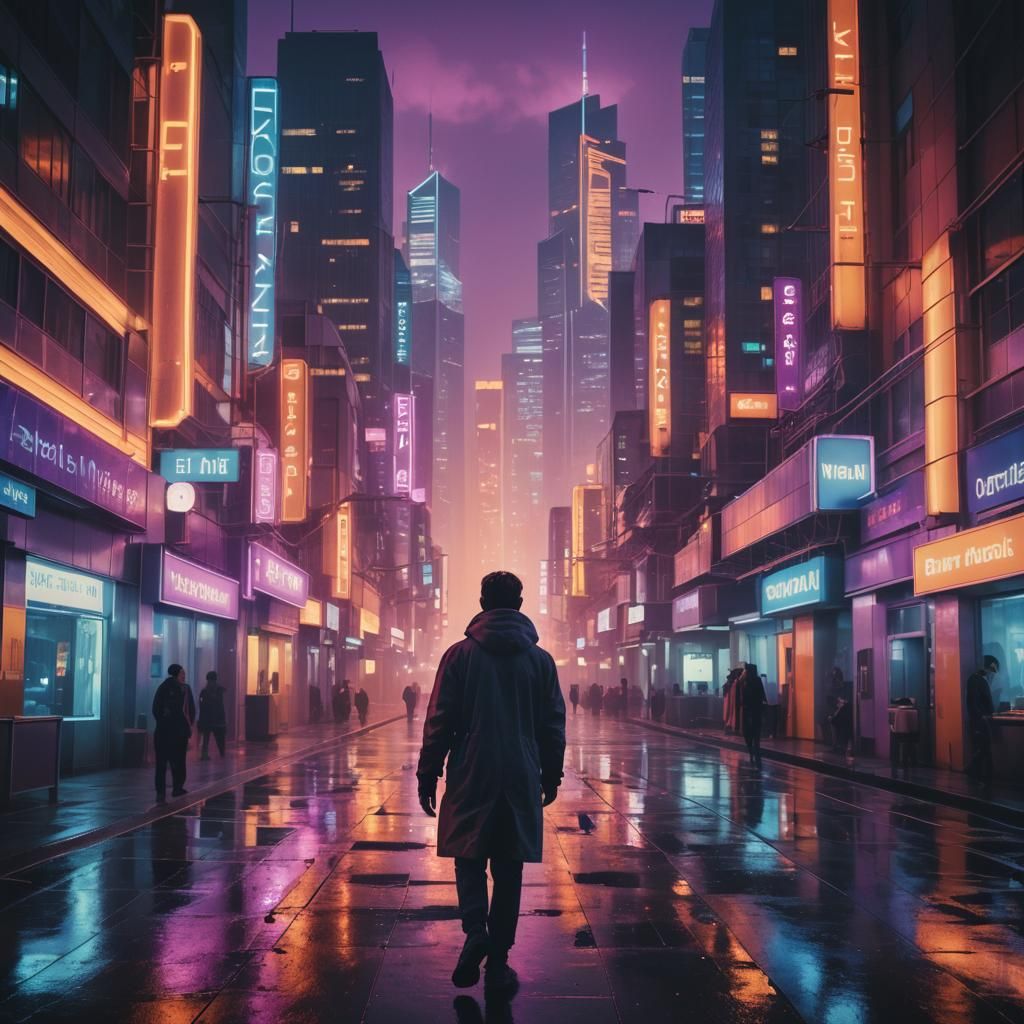 Futuristic Traveler in Neon Cityscape, Cinematic Film Still