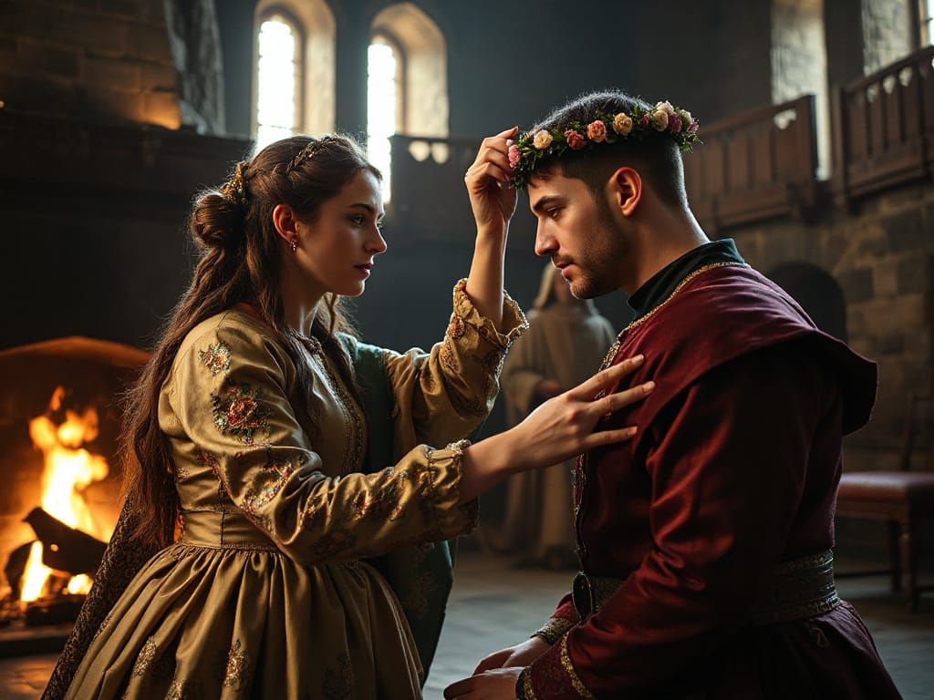 Medieval Lady Adorns Nobleman with Wreath