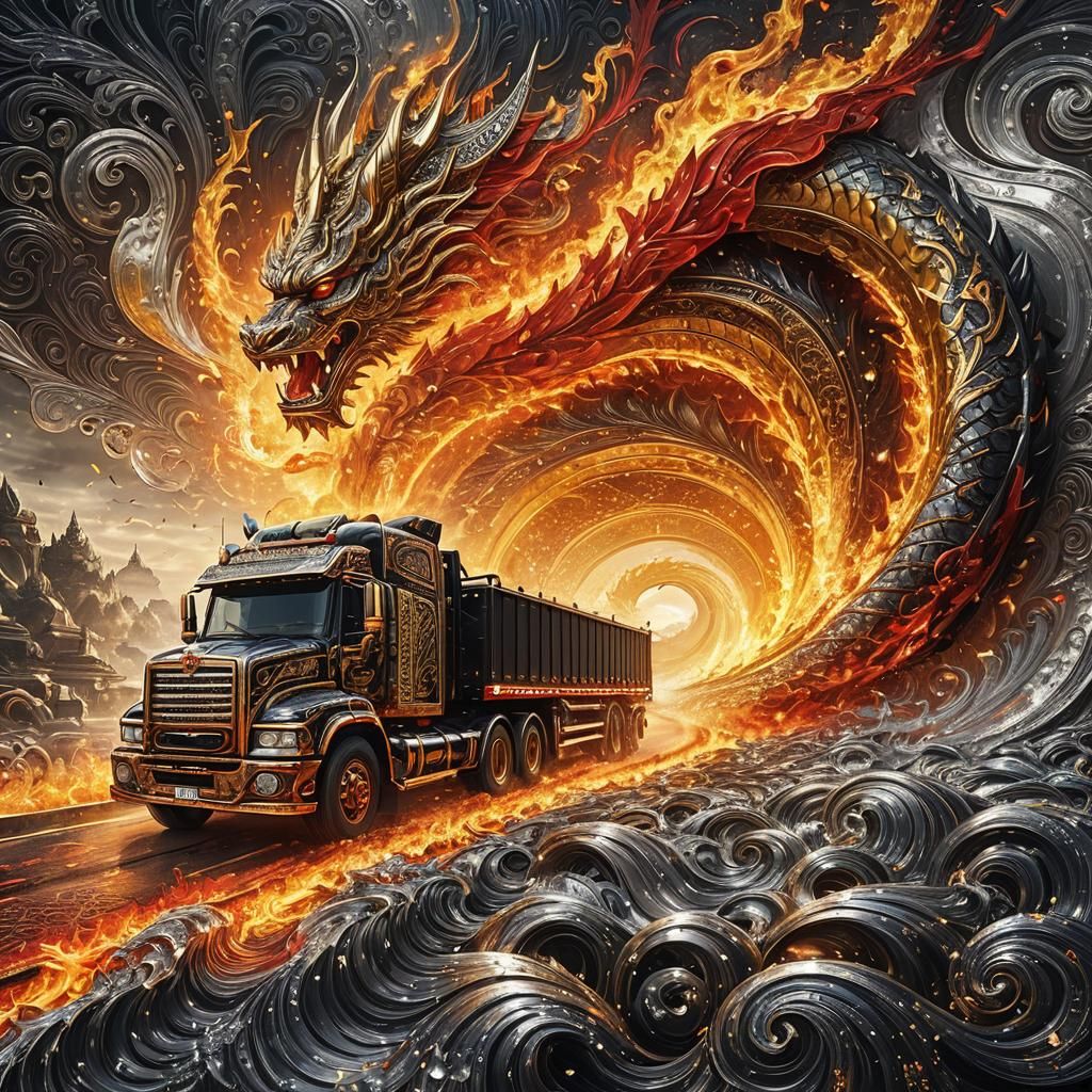 Thai Armored Truck in Fiery Landscape: Cinematic 8K
