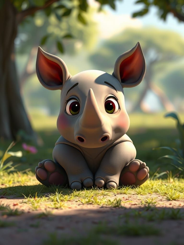Cute Rhino in a Sunny Savanna, in Whimsical Pixar Style