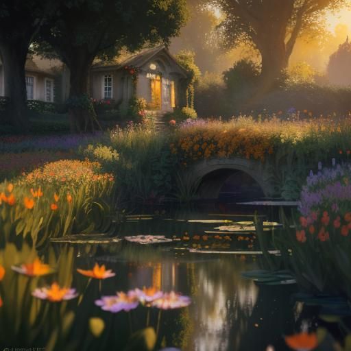 Cotswold Bibury Gardens: Hyperrealistic Neo-Impressionist Ph...