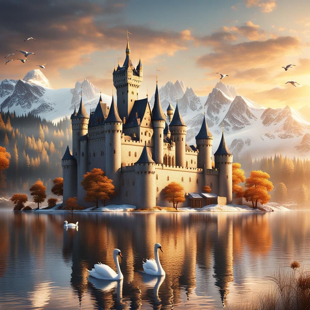 Ethereal Castle Amidst Serene Lakeside Majesty