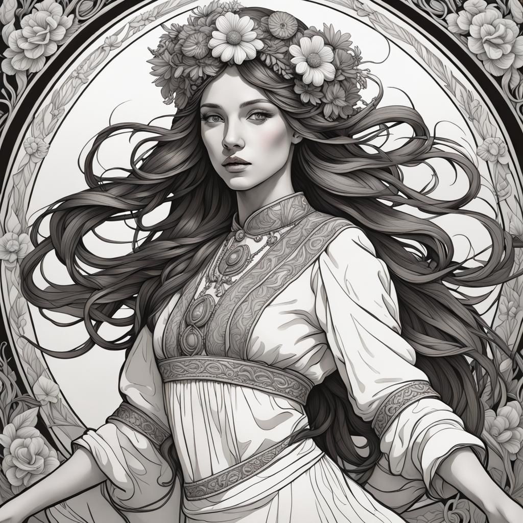 Woman Dancing in Polish Dress, Alphonse Mucha Style