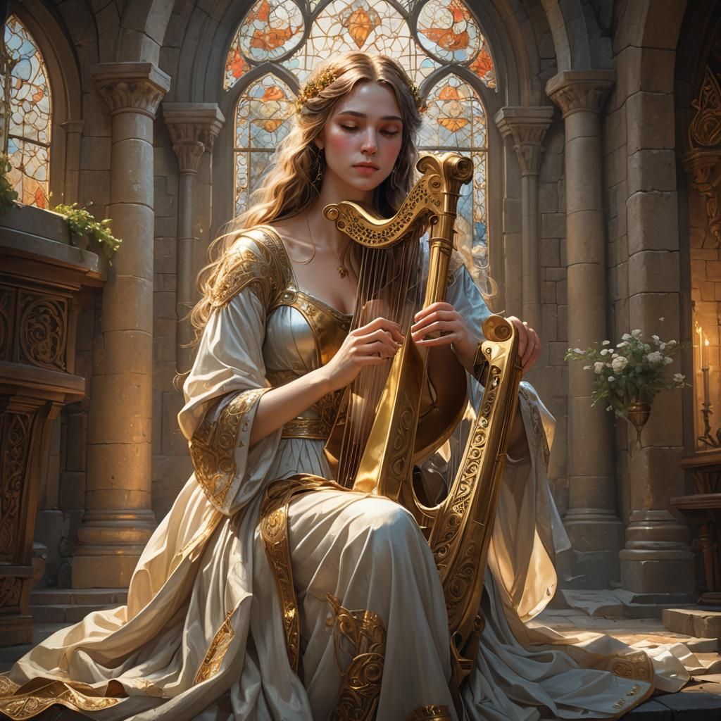 Ethereal Maiden Playing Golden Harp: Detailed Portrait
