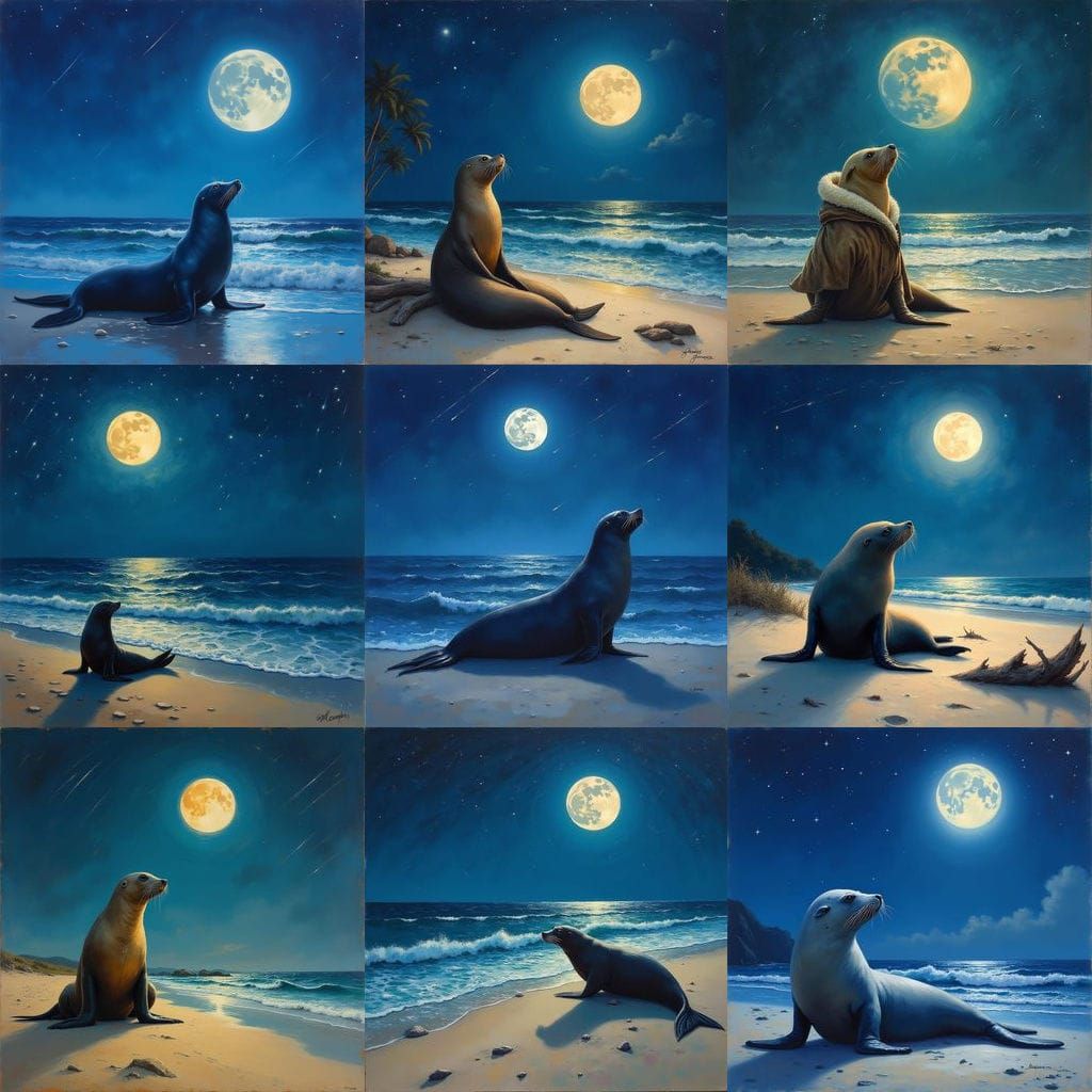 Sea Lion at Night: Full Moon Oil Painting