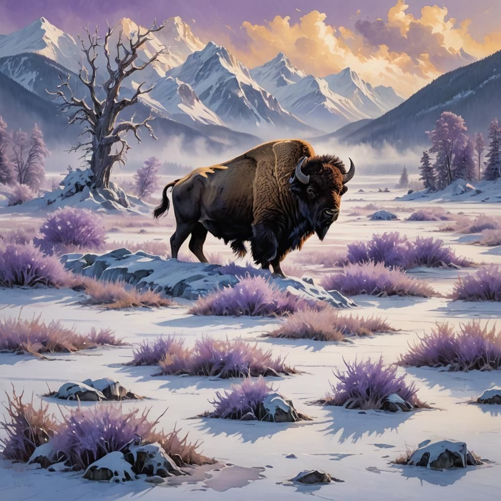 Bison Roaming Snowy Plains in Fantasy Style