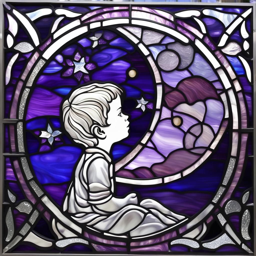 Stained Glass Mural: Moon and Baby Silhouette