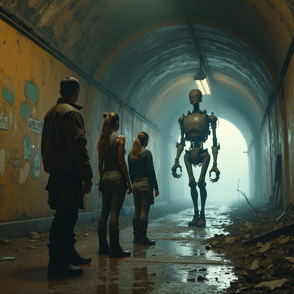 Post-Apocalyptic Encounter with Damaged Robot in Underground...