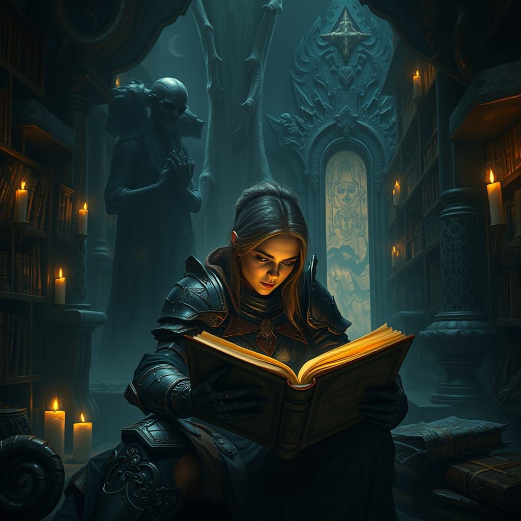 Warrior Reads Forbidden Tome in Gothic Library