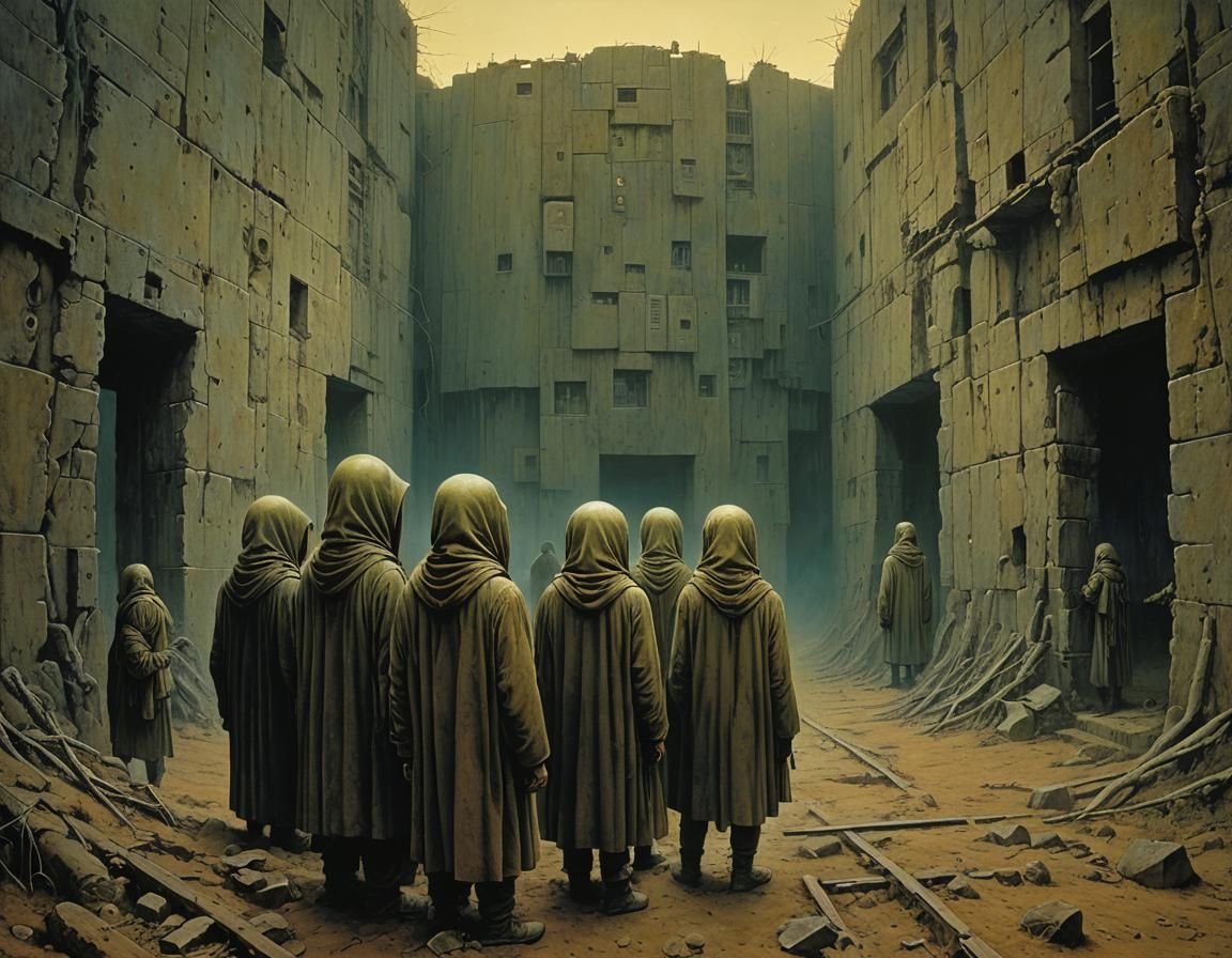 Dystopian Resistance Meeting in Beksiński Style