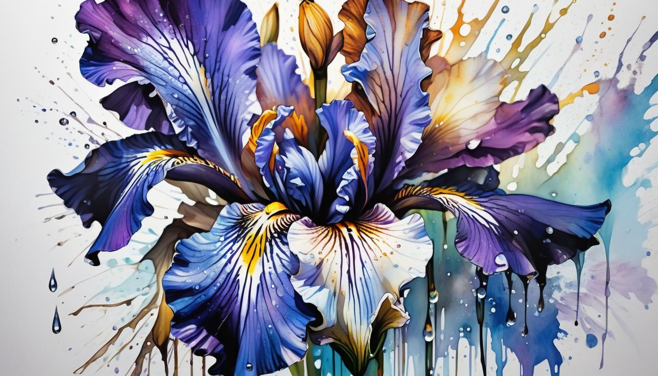 Daybreaker Iris Flower with Dewdrops, Dark Ink Illustration