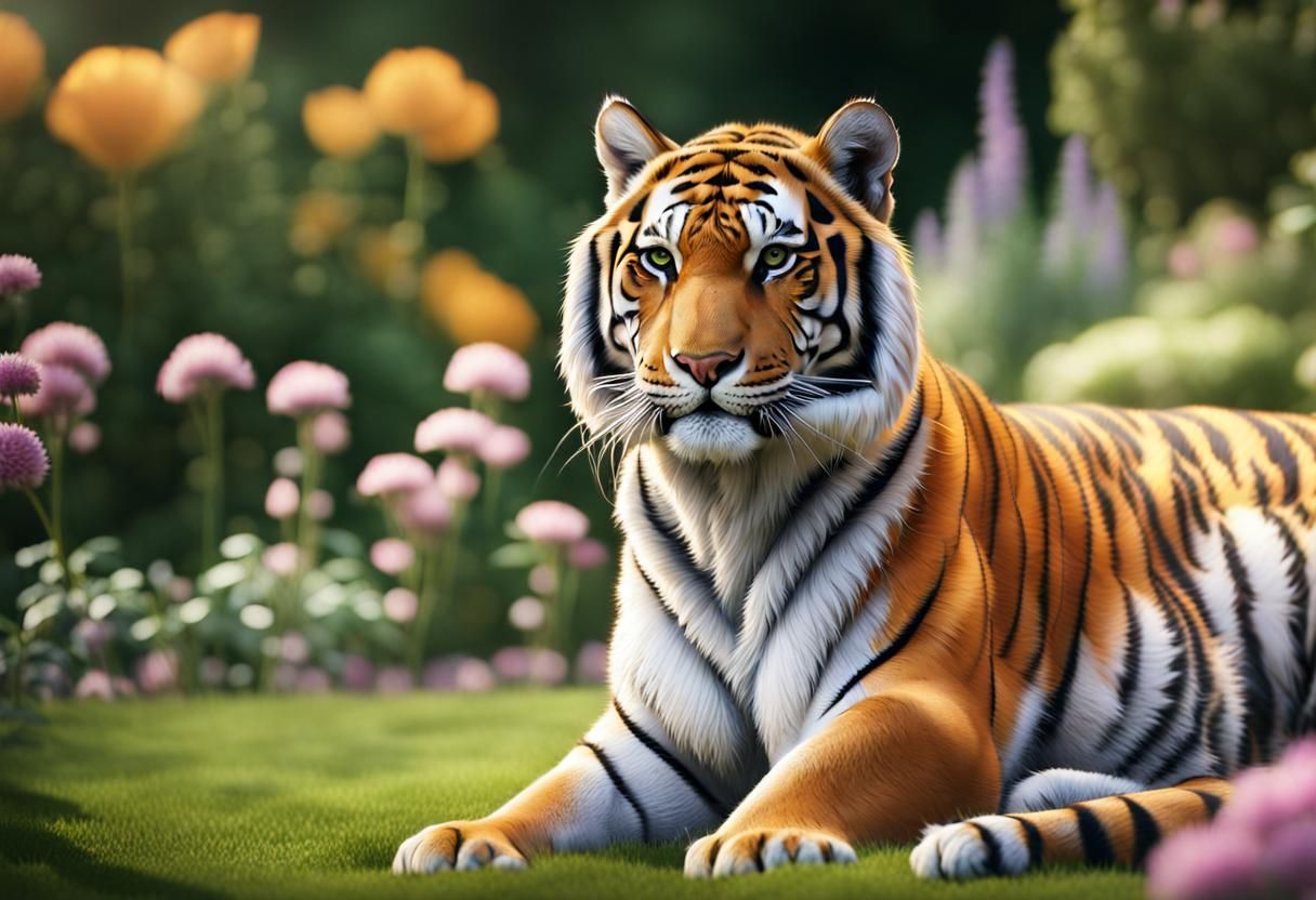 Beautiful Siberian tiger laying in a flower garden