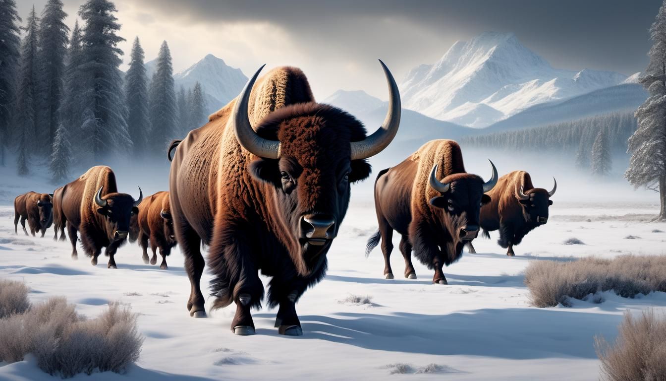 Bison Latifrons Leads Herd Across Snowy Meadow