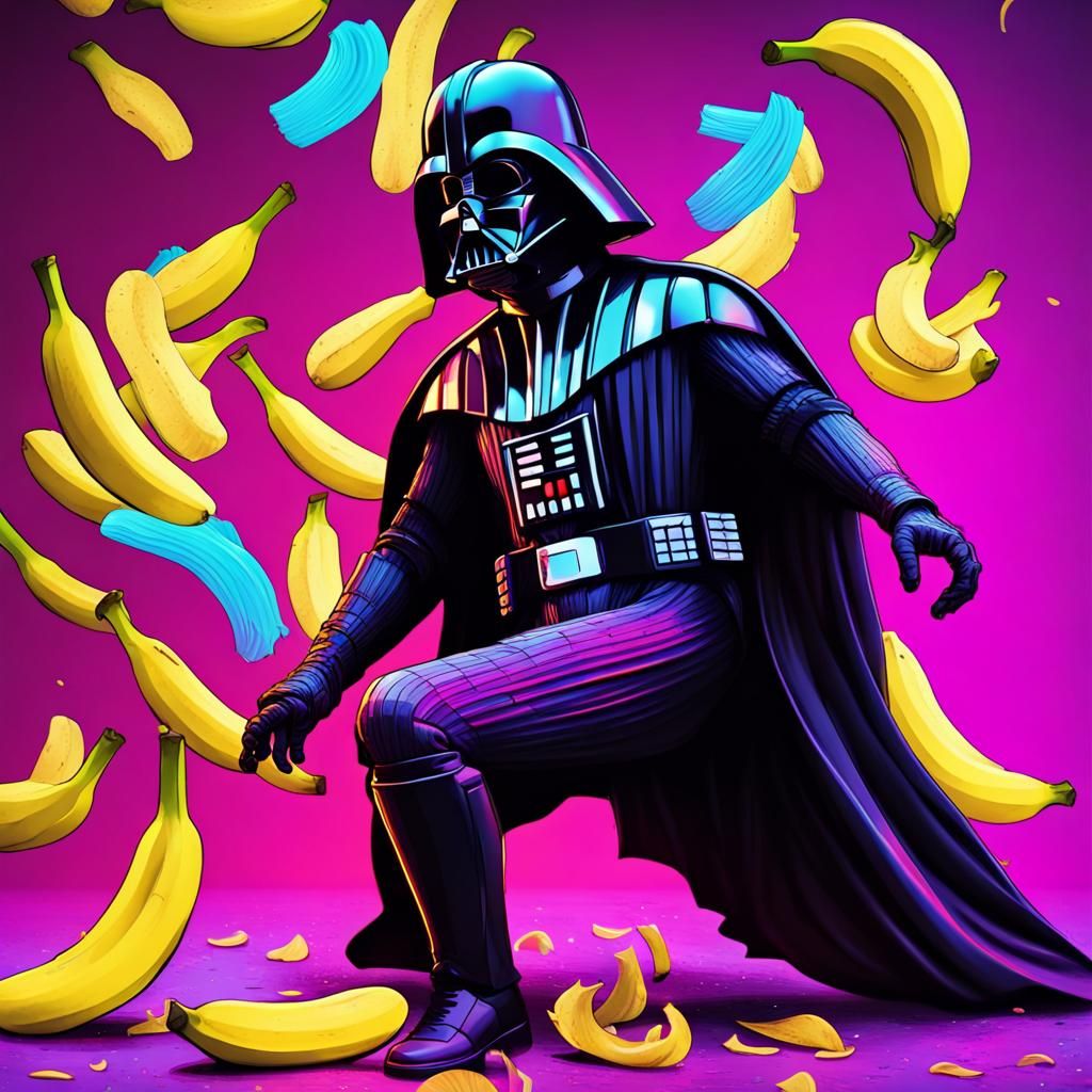 Darth Vader's Comical Banana Peel Mishap in Synthwave Style