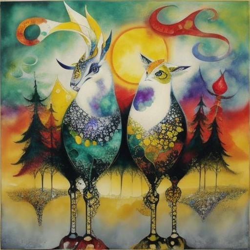 Surreal Fractal Watercolor Landscape with Golden Outlines