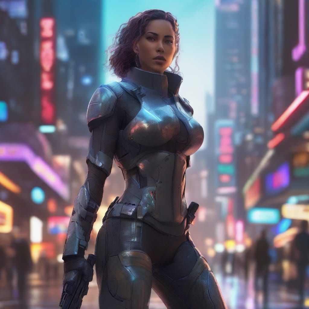 Sci-Fi Female Warrior in Neon City Concept Art