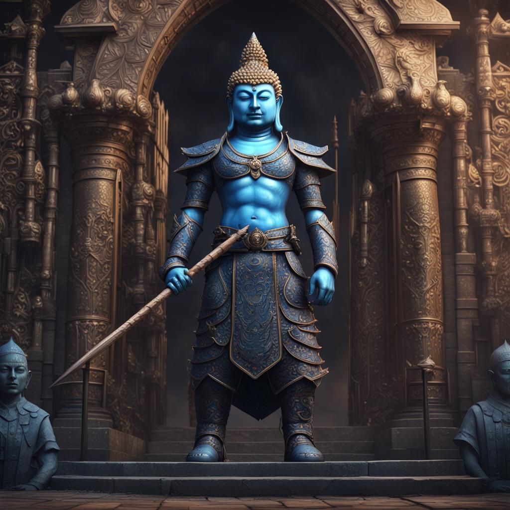 Blue Buddha Warrior in Medieval City, Dark Fantasy Art