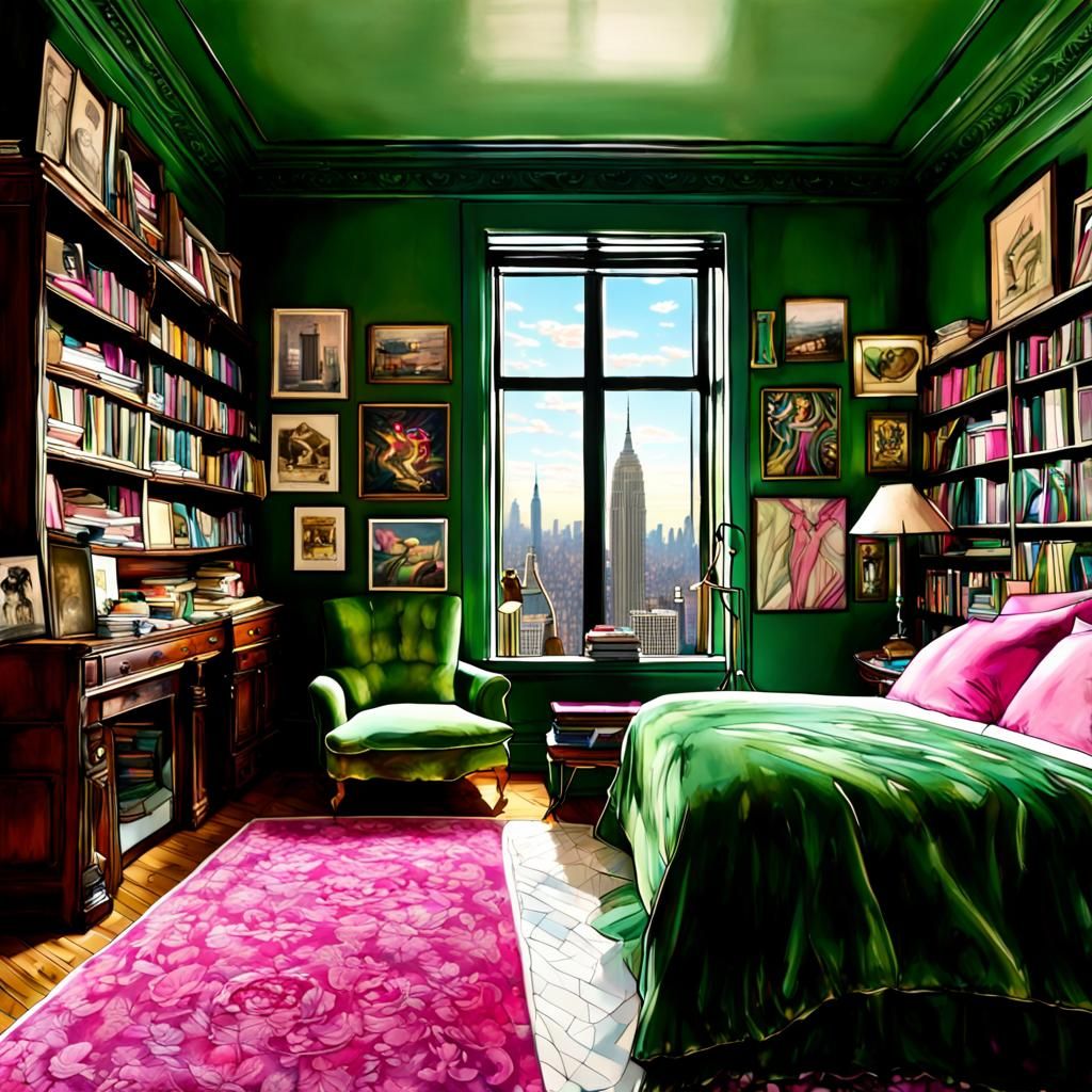 Hyperrealistic NYC Bedroom Interior with Velvet Couch