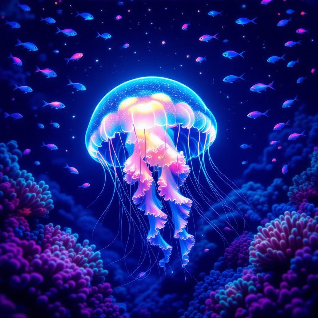Bioluminescent Jellyfish in Coral Reef: Cosmic Surrealism
