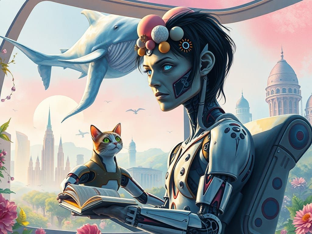 Cyborg Space Captain Reading with Robot Cat