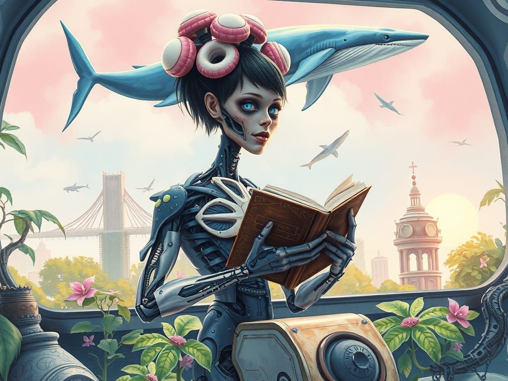 Cyborg Space Captain Reading Book with Robot Cat