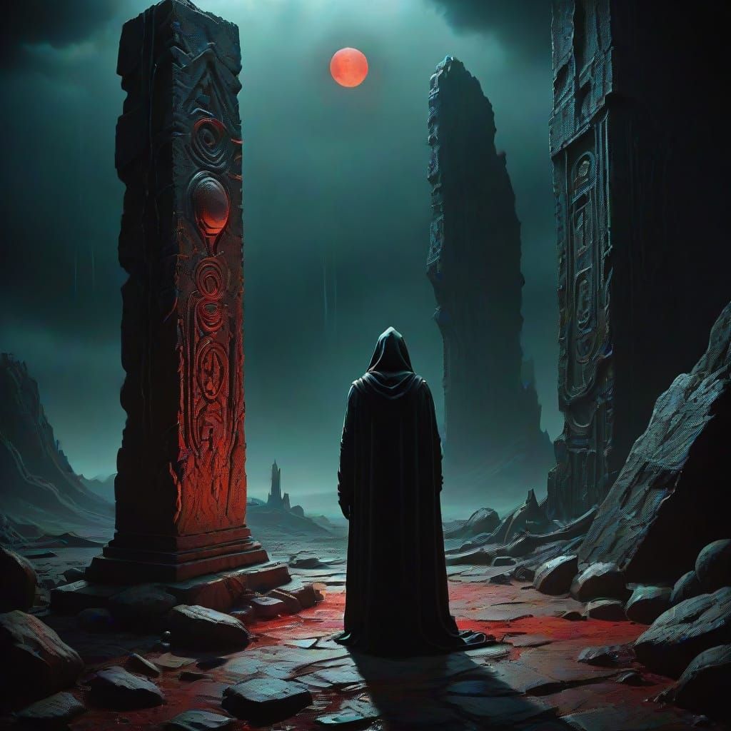 Ancient Monolith Under Blood-Red Eclipse