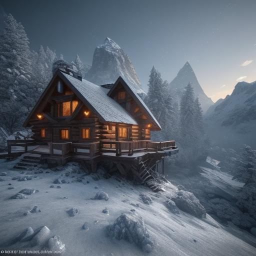 Icy Mountain Cabin in 3D Game Cinematic Style