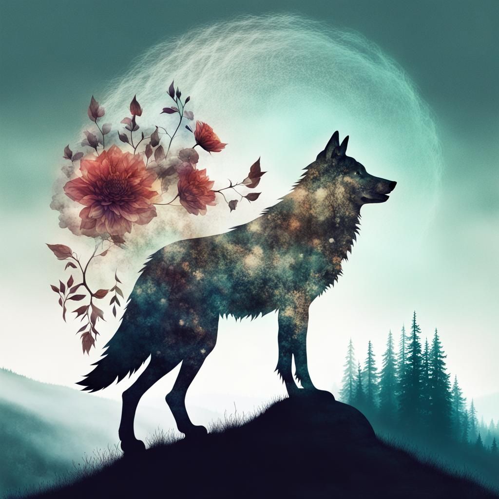 Flower Wolf Double Exposure Fantasy Artwork