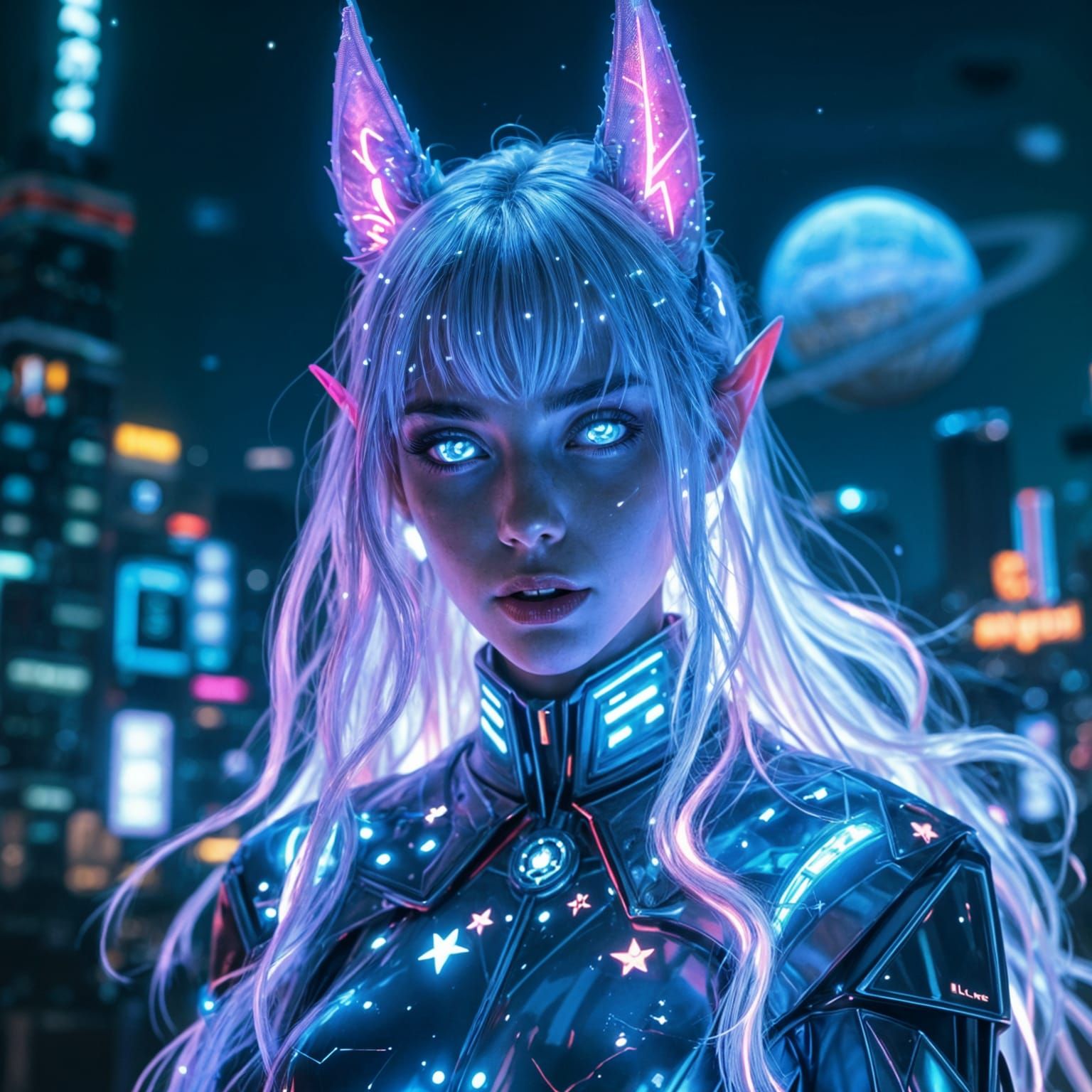 Cyberpunk Elf with Galactic Eyes in Cityscape