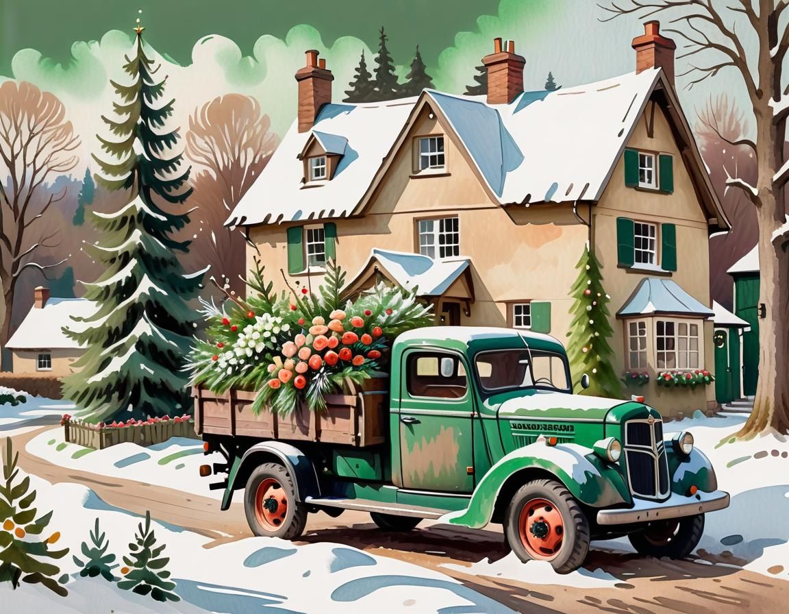 Festive Green Truck in Winter, Gouache Style