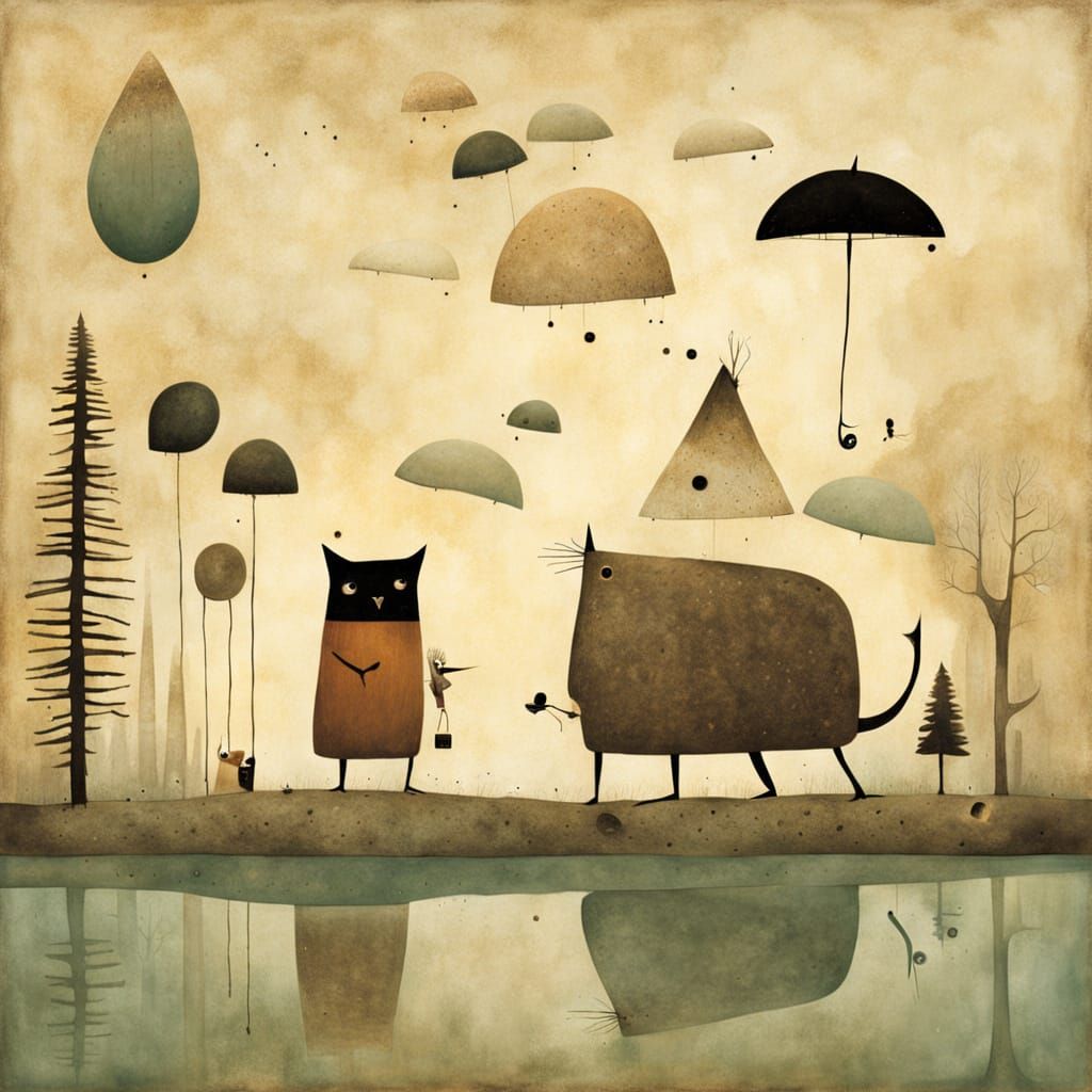 Playful Wanderer in Surreal Primitivism Style