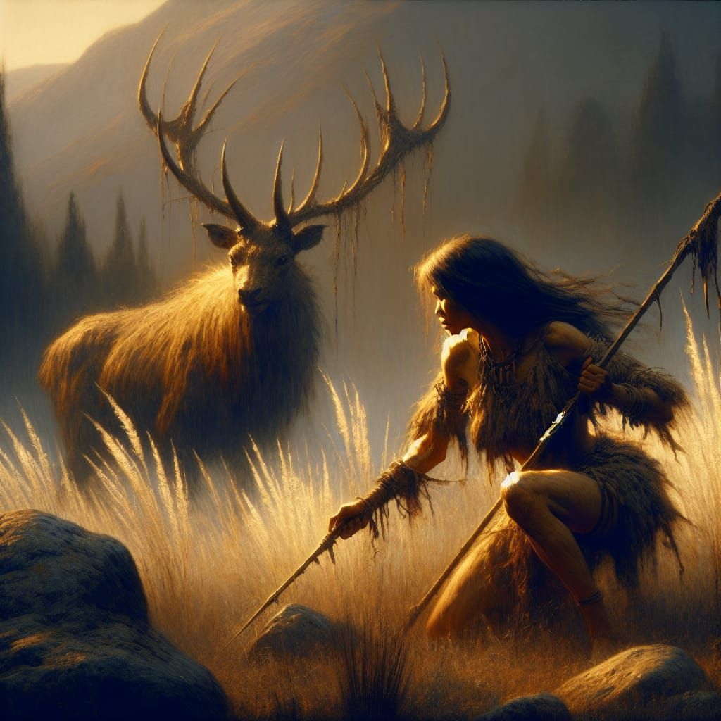 Dark Fantasy Prehistoric Hunt in a Monet-Inspired Oil Painti...