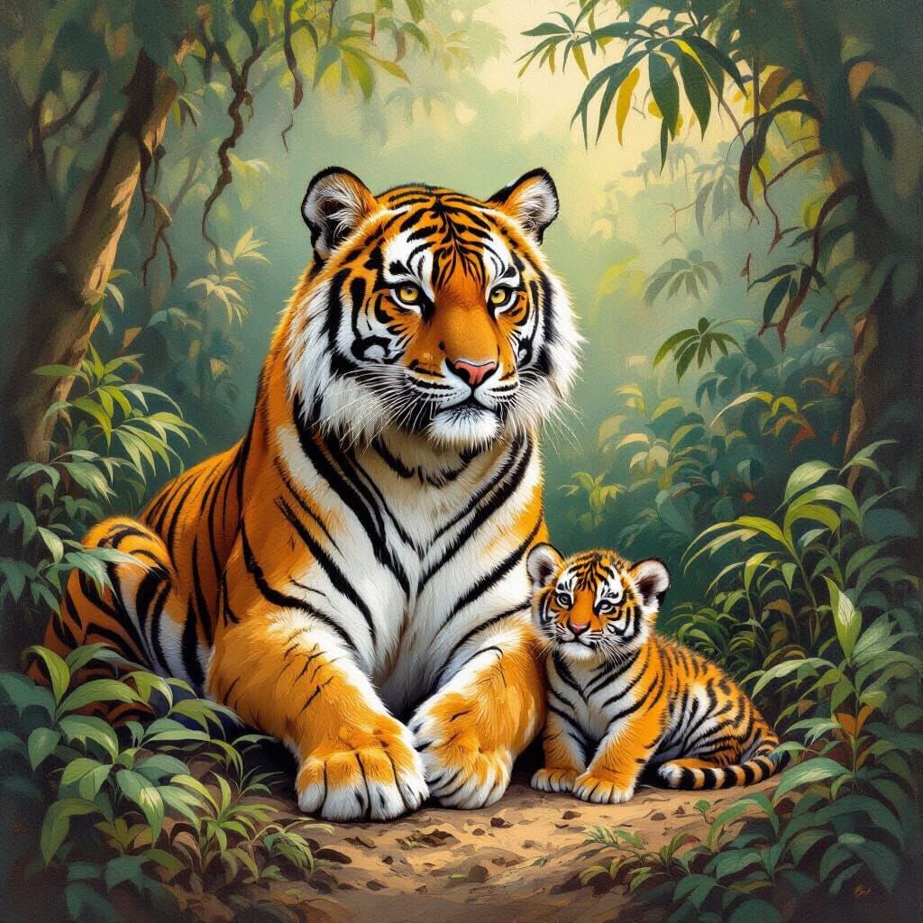 Mother Tiger and Cub in Rainforest Clearing