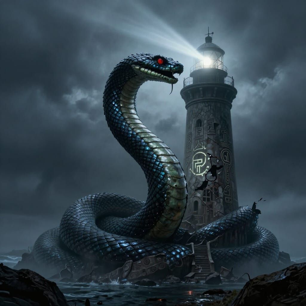 Obsidian Serpent Guards Ancient Lighthouse in Stormy Seas