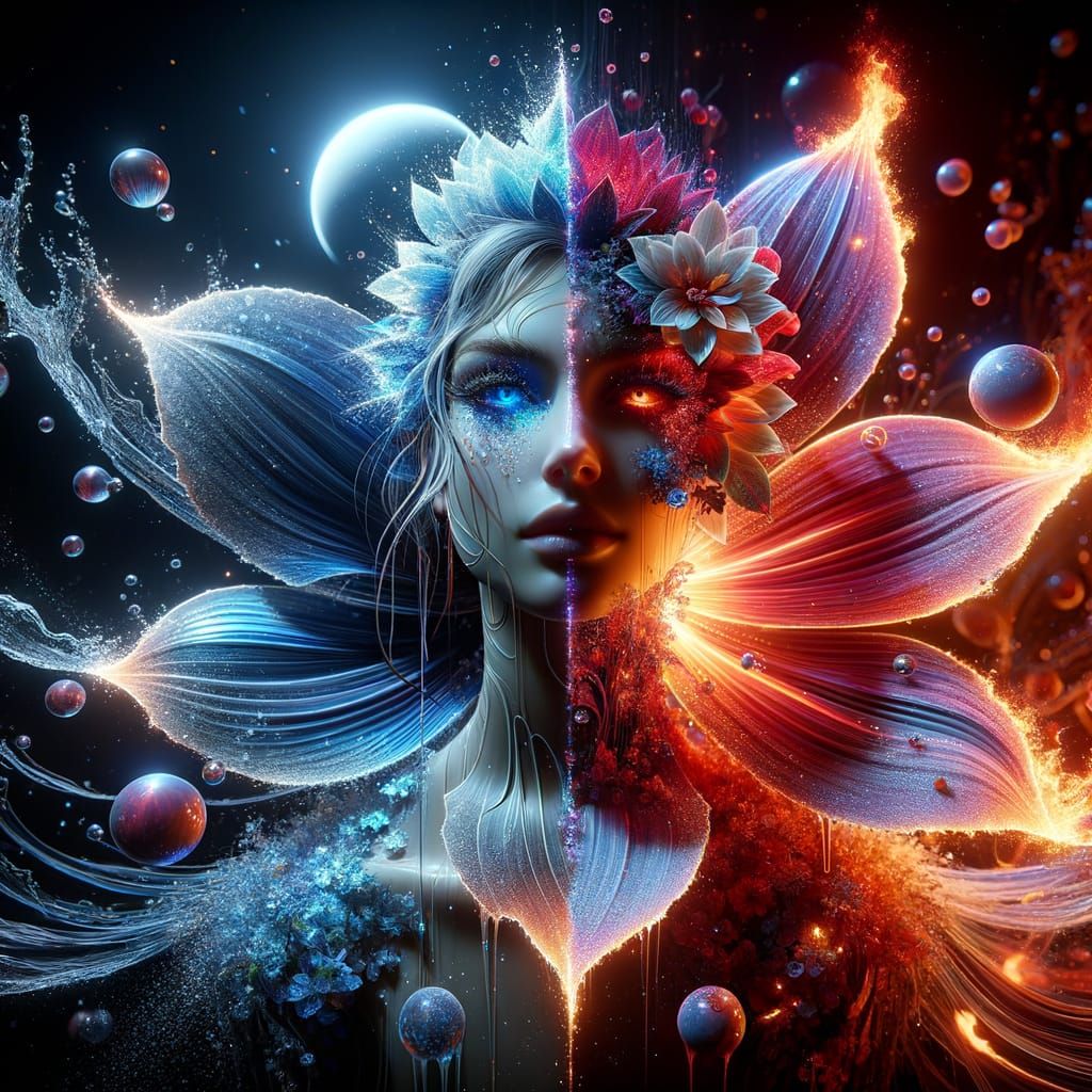Midnight Woman Surrounded by Water and Fire